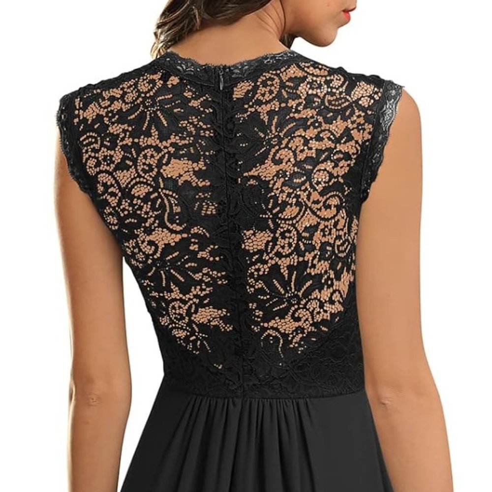 NWT Elegant Black Lace Bodice Chiffon Evening Formal Dress